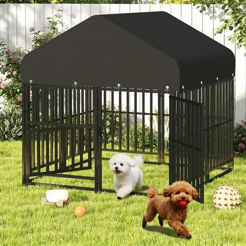 Outdoor Dog Kennel with Double Safety Locks, 49''x47''x51'' Heavy Duty Dog Enclosure with UV-Resistant Waterproof Roof, Welded Wire Steel PG8001