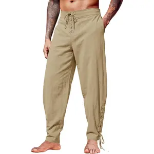Runcati Mens Medieval Pirate Pants Renaissance Viking Ankle Banded Cotton Pants Lace Up Retro Halloween Costume Trousers