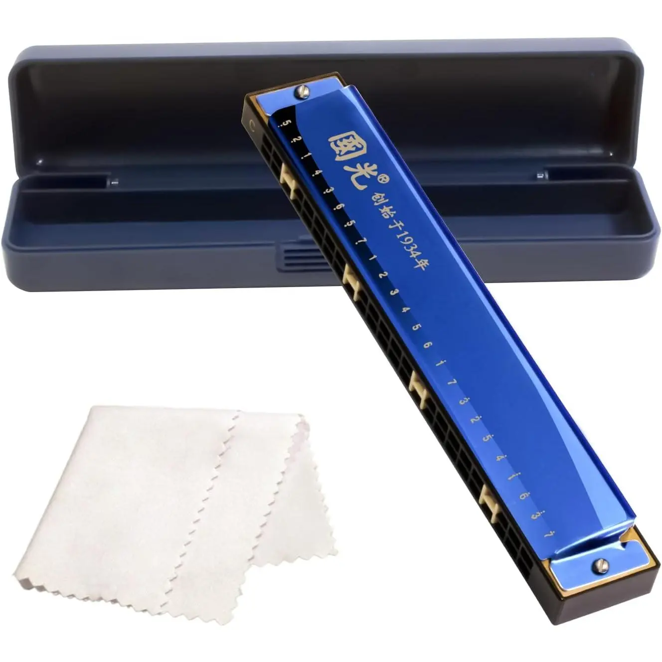 Blue 24 Hole Tremolo Harmonica - Diatonic C Key Profession Harmonica for Beginners,  & Adults with Storage Box & Cleaning Cloth
