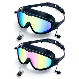 2 Pack Swim Goggles for Adult Men Women Youth, Anti-Fog No Leaking UV Protection Wide View Large Frame Mirrored Swimming Goggles with Built-in Ear Plugs Nose Clip for Pool Open Water Water Sports