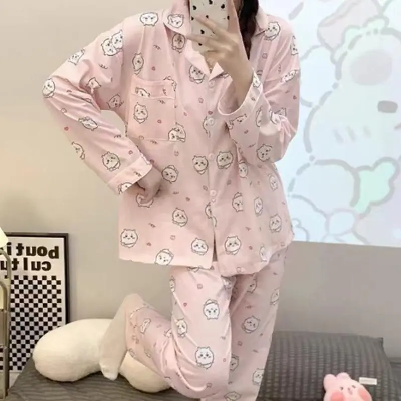 Women's 2-Piece Kawaii Anime Cotton Pajama Set - Usagi Chiikawa Hachiware Cartoon Print, Long Sleeve Top & Pants, Multi-Size (Incl XXL), Spring Casual Home B Loungewear