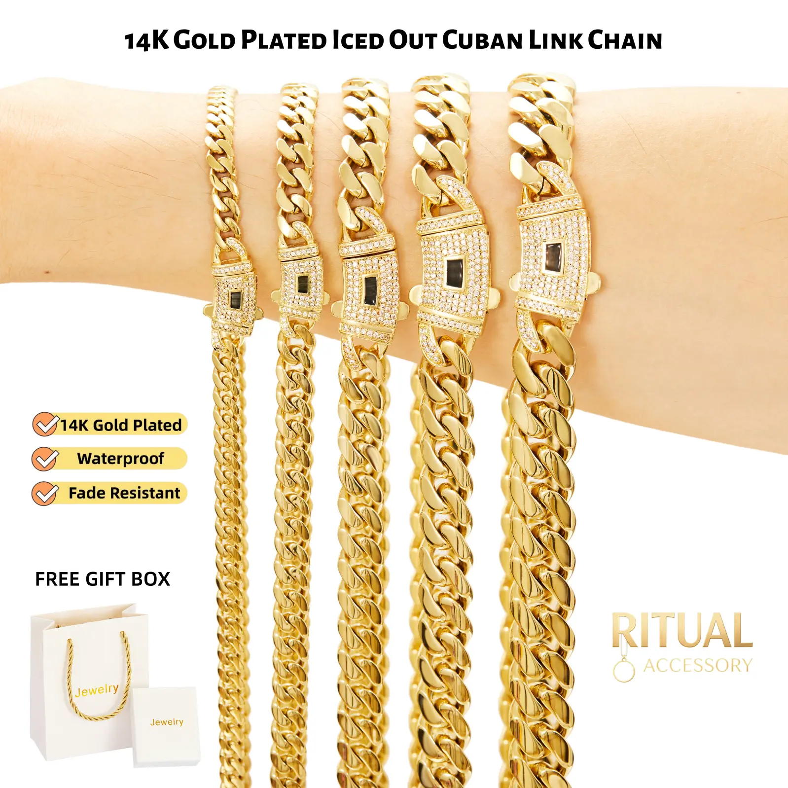 14K Gold Plated Iced Out Cuban Link Chain, 6mm-14mm Width, 16-30 Inch Length Available, Waterproof & Fade Proof, Unisex Hip Hop Necklace for Men Women, CZ Box Clasp, Perfect Gift for Him/Her