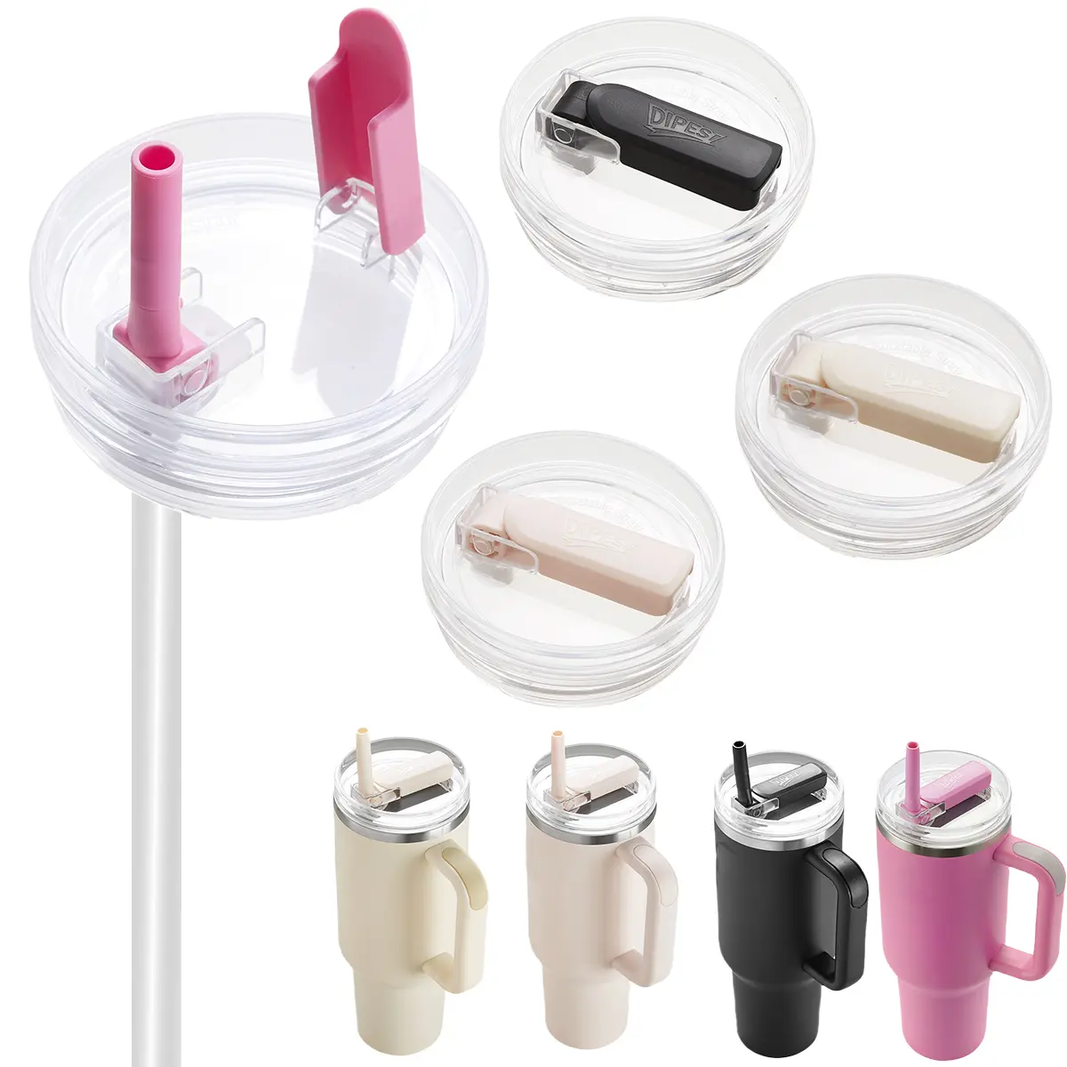 DIPESI Reusable Silicone Replacement Lids for 40oz Stanley Tumblers, 2-Pack Rose Quartz Flip-Top Straw Lids, Dustproof, Leakproof, Dishwasher Safe, 4 Styles Available (Kitchenware Drinkware Accessory), Rose Quartz & Rose Quartz--2Pcs