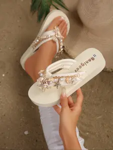 New Comfortable Fashion Round Toe Eva Sole Breathable Floral Boho Sandals, Lightweight Anti-Slip Open-Toe Flat Flip Sandal Shoes for Women