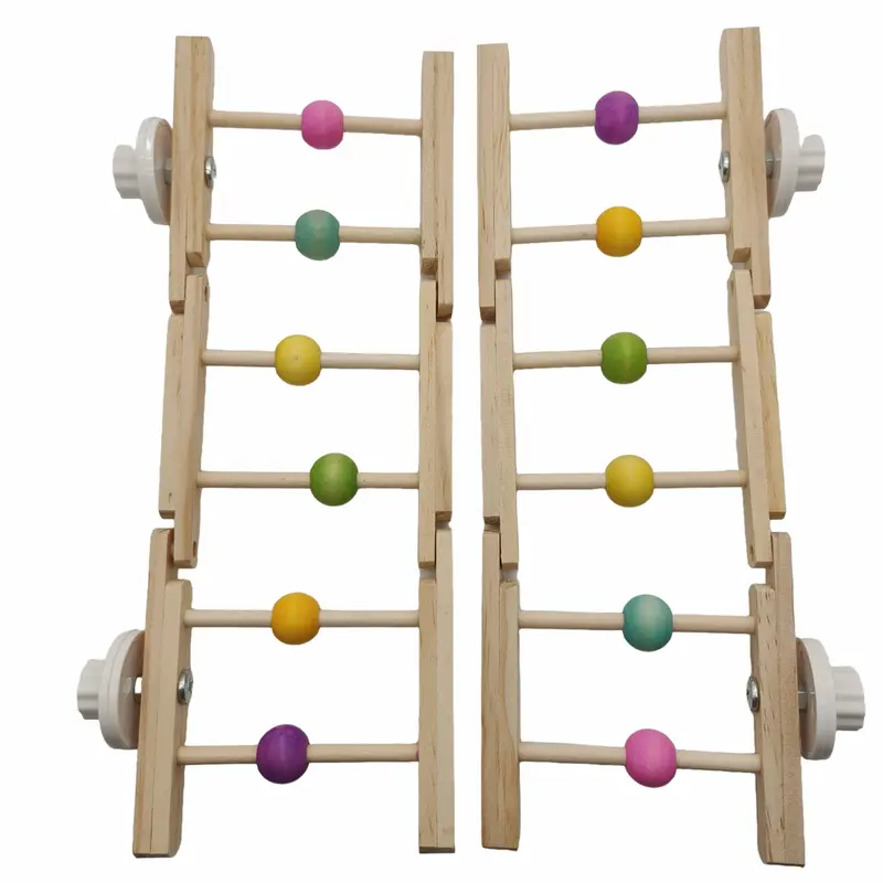 2-Pack Foldable 100% Chew-Safe Hardwood Parrot Ladder (12" L x 4" W) - Food-Grade Dyed Gliding Beads, Tri-Section Design, Hand-Twist Nuts, Resists Beak Wear, Tool-Free Setup for Conures/Cockatiels, Dual-Pack Cage Rotation Value Bird Toy Supply, 100% Chew‑