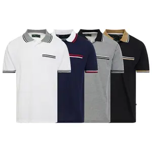 4 Pack: Men's Tiger Wolf Contrast Trim Fashion Short Sleeve Polo Collar Shirt Cotton Pique  Sizes S-XL - Mock Pocket - Embroidered Logo