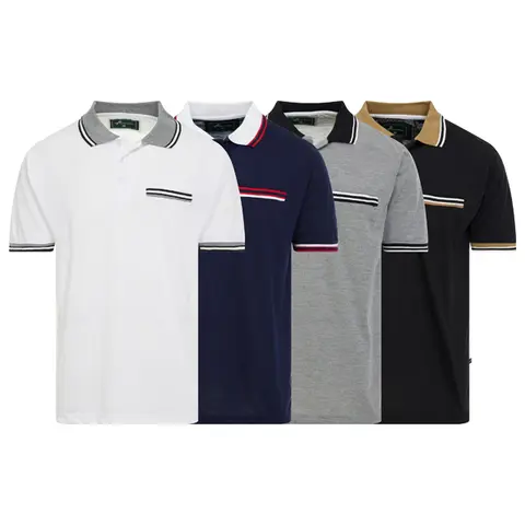 4 Pack: Men's Tiger Wolf Contrast Trim Fashion Short Sleeve Polo Collar Shirt Cotton Pique  Sizes S-XL - Mock Pocket - Embroidered Logo