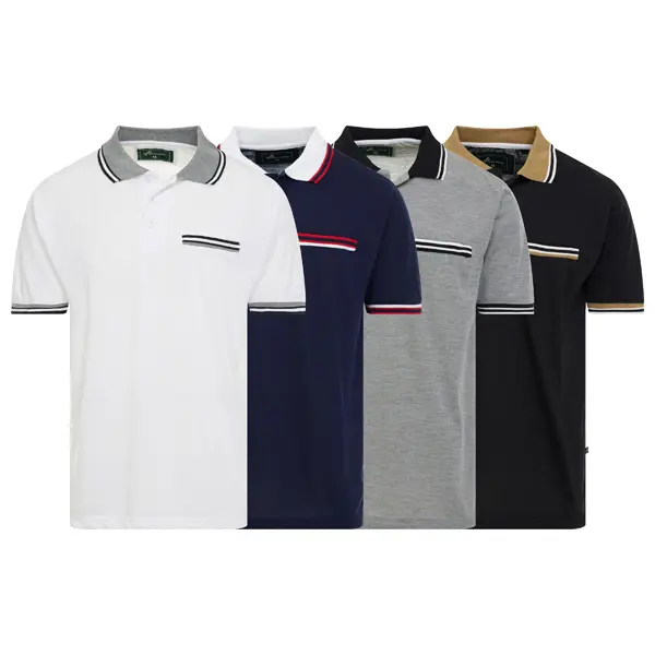 4 Pack: Men's Tiger Wolf Contrast Trim Fashion Short Sleeve Polo Collar Shirt Cotton Pique Sizes S-XL - Mock Pocket - Embroidered Logo