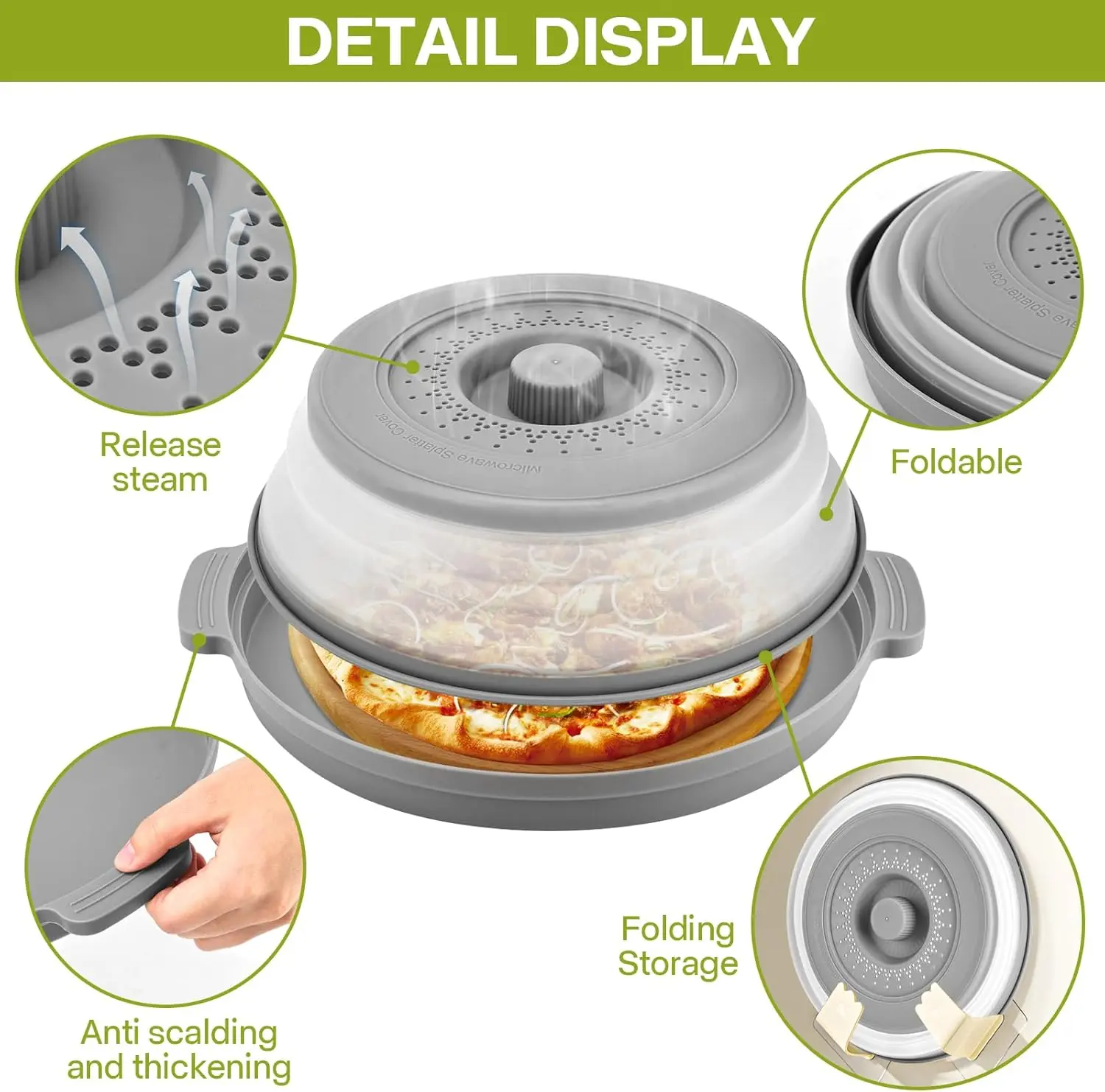 Cover for Food with Anti-scald Base Plate,Large Plastic & Silicone Vented Avoid Scalding Collapsible Guard Lid,Kitchen Essential Gadgets for Meal