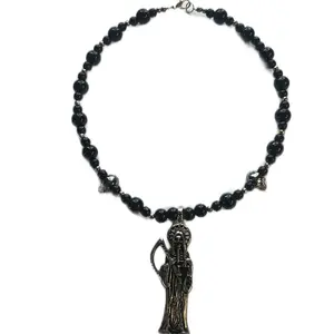 Choker (small necklace ) santa muerte rosary style necklace, black & silver, real black glass beads. Big 3” pendant.