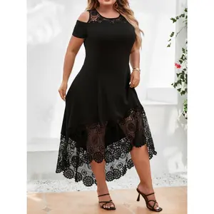 Plus Size Asymmetrical Lace Panel Cold Shoulder Dress with Medium Stretch