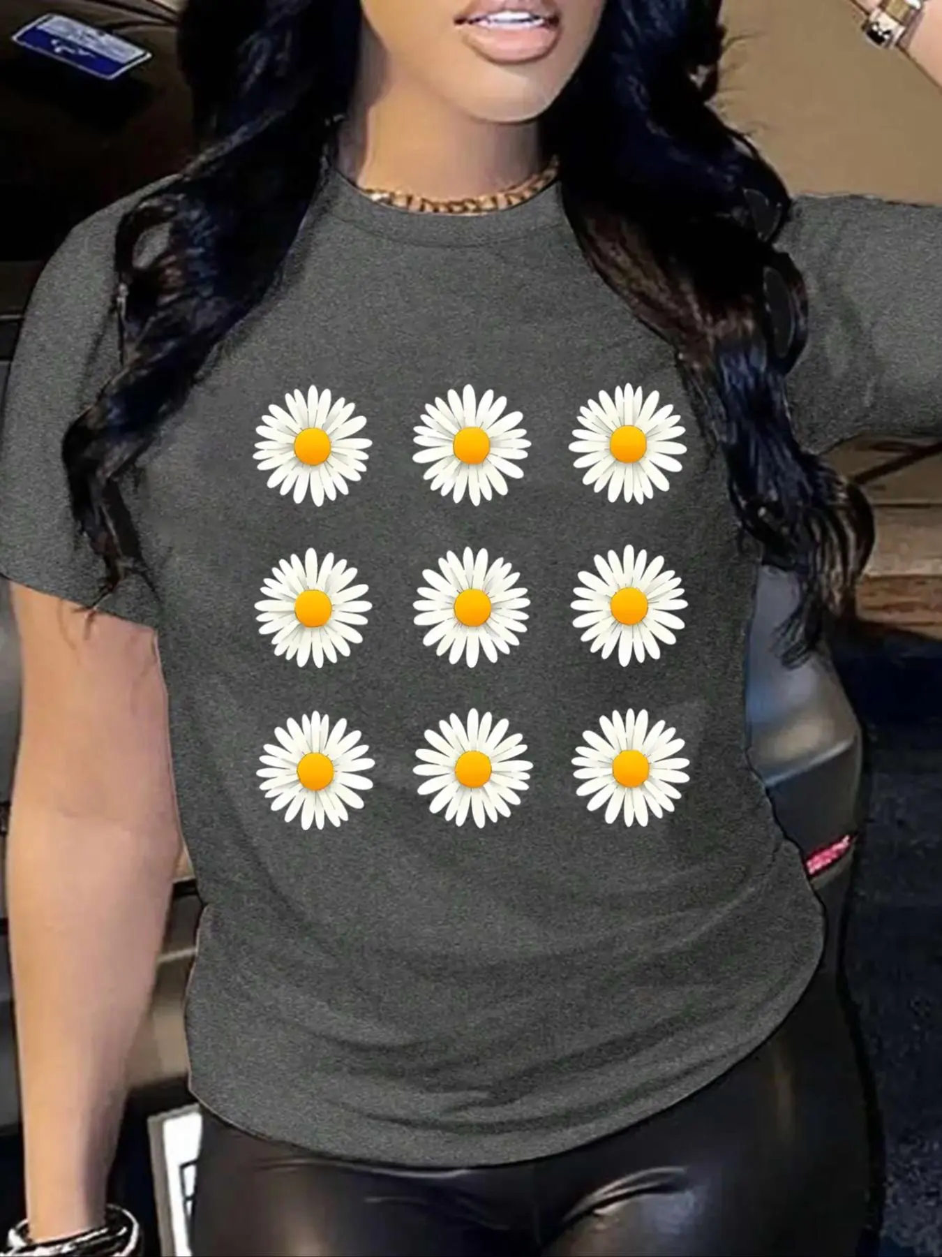 Women's Daisy Print Floral Round Neck Tee, Fashion Casual Crew Neck T-Shirt for Daily Holiday Vacation Outdoor Wear, Ladies Clothes for Summer, Fitted Tops, Womenswear