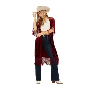 Rock & Roll Denim Ladies Fringed Burgundy Velvet Kimono BW27T02955
