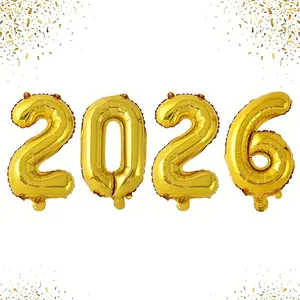 Set of 4 • 2026 Golden Foil Number Balloons (16 & 32 Inches) • Decorations for New Year's Party Background • 2026 Graduation Balloons • Props for New Year, Christmas, Graduation, Birthday, Anniversary, And Wedding Celebrations
