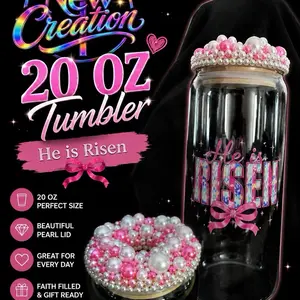 20oz He Is Risen Handmade Glass Tumbler with Pearl Lid, Christian Easter Cup