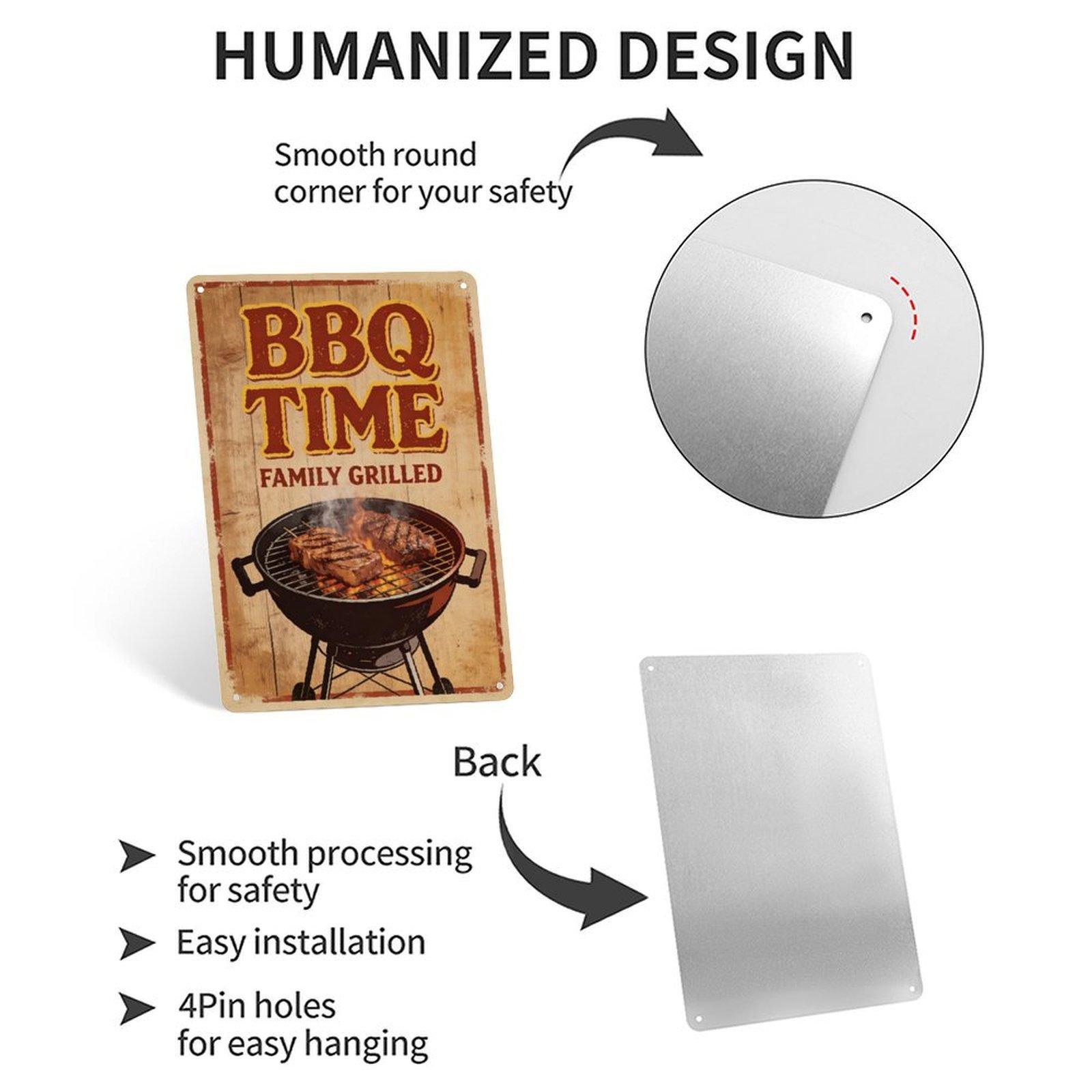 BBQ Time Family Grilled Vintage Metal Tin Sign 8x12 Inch (20×30cm) - Retro Grill Wall Decor, Funny Outdoor Patio Sign, Perfect for Backyard, Man Cave, Barbecue Gift