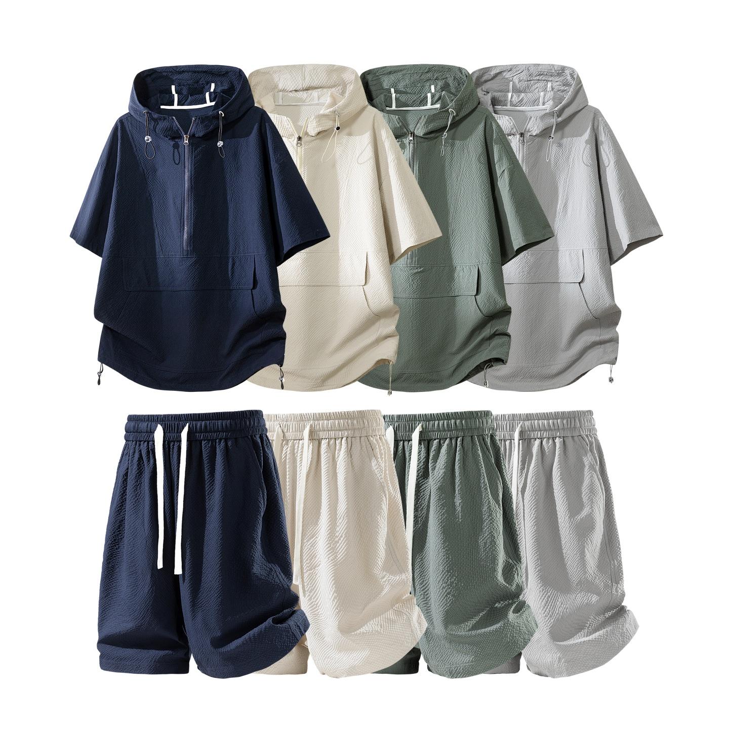 New summer casual men’s short-sleeve T-shirt and shorts set featuring bubble plaid, a hood, faux solid color, minimalist style—versatile loose fit two-piece set. #SummerWins