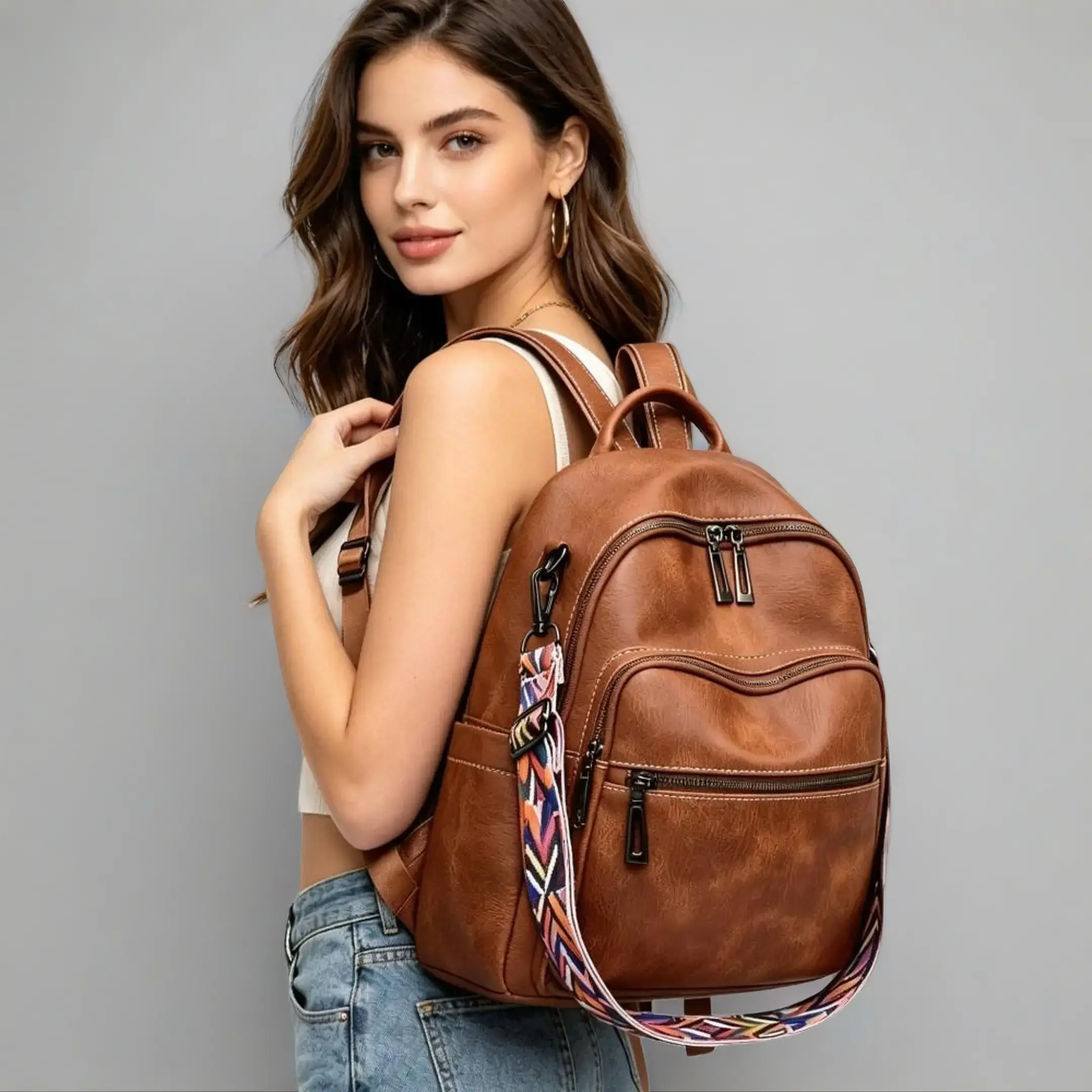 【Clearance Sale】Unisex Large Capacity PU Leather Backpack with Detachable Shoulder Strap (Converts to Crossbody Bag), Multiple Compartments, Laptop-Compatible Functional Bag backtoschool