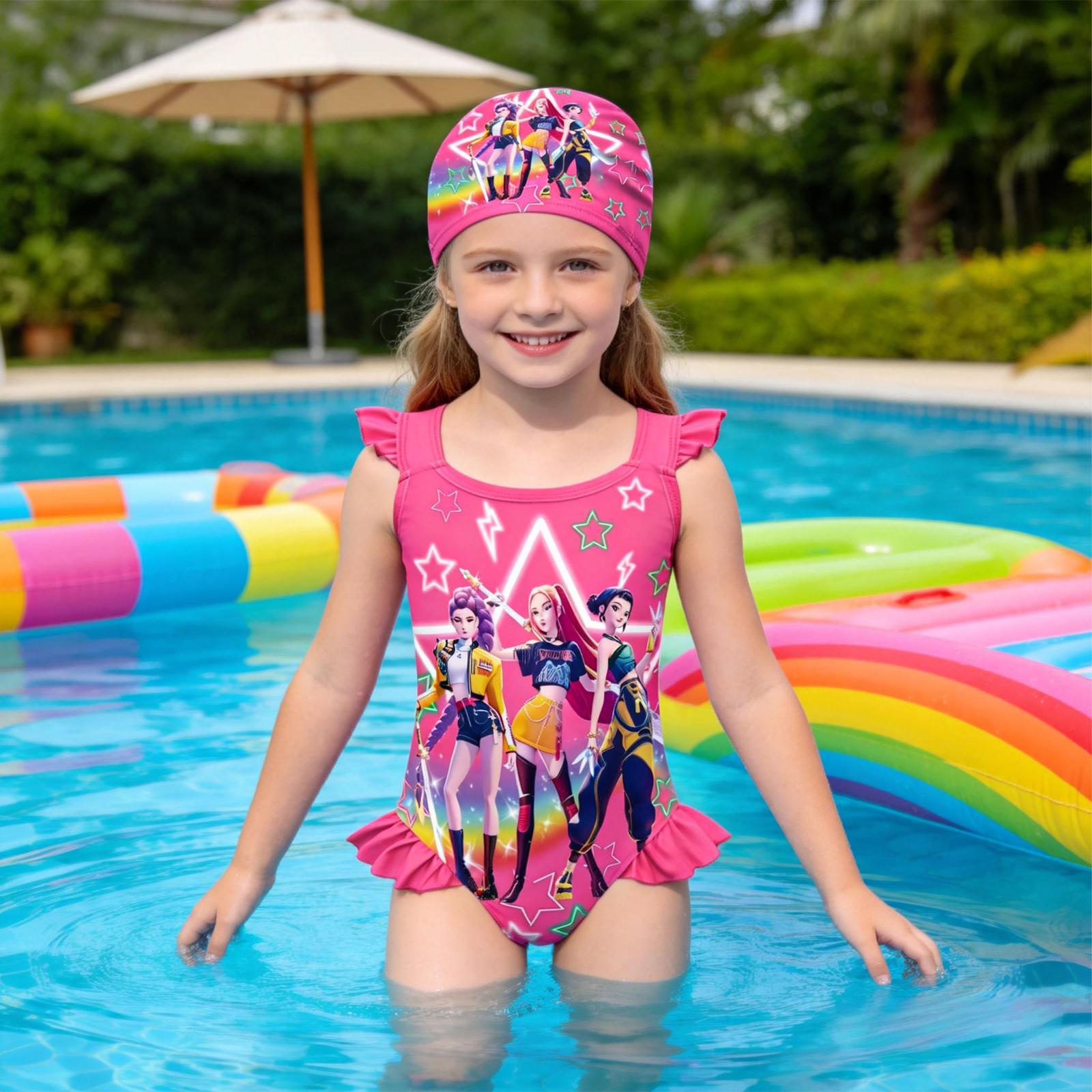 KPop  Inspired Girls Swimsuit Set, Includes Separate Swim Cap, Cute K-pop Anime Bathing Suit for Kids, Soft Stretch Summer Swimwear