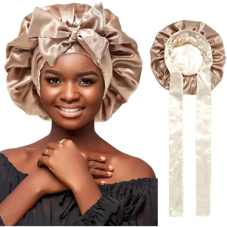 Reversible 2-Tone Satin Bonnet Hat for Sleeping, Extra Large Double-Layer Hair Cap for Curly Hair with an Adjustable Soft Tie Strap, Reversible Bonnet Hats, Satin Bonnet Hats