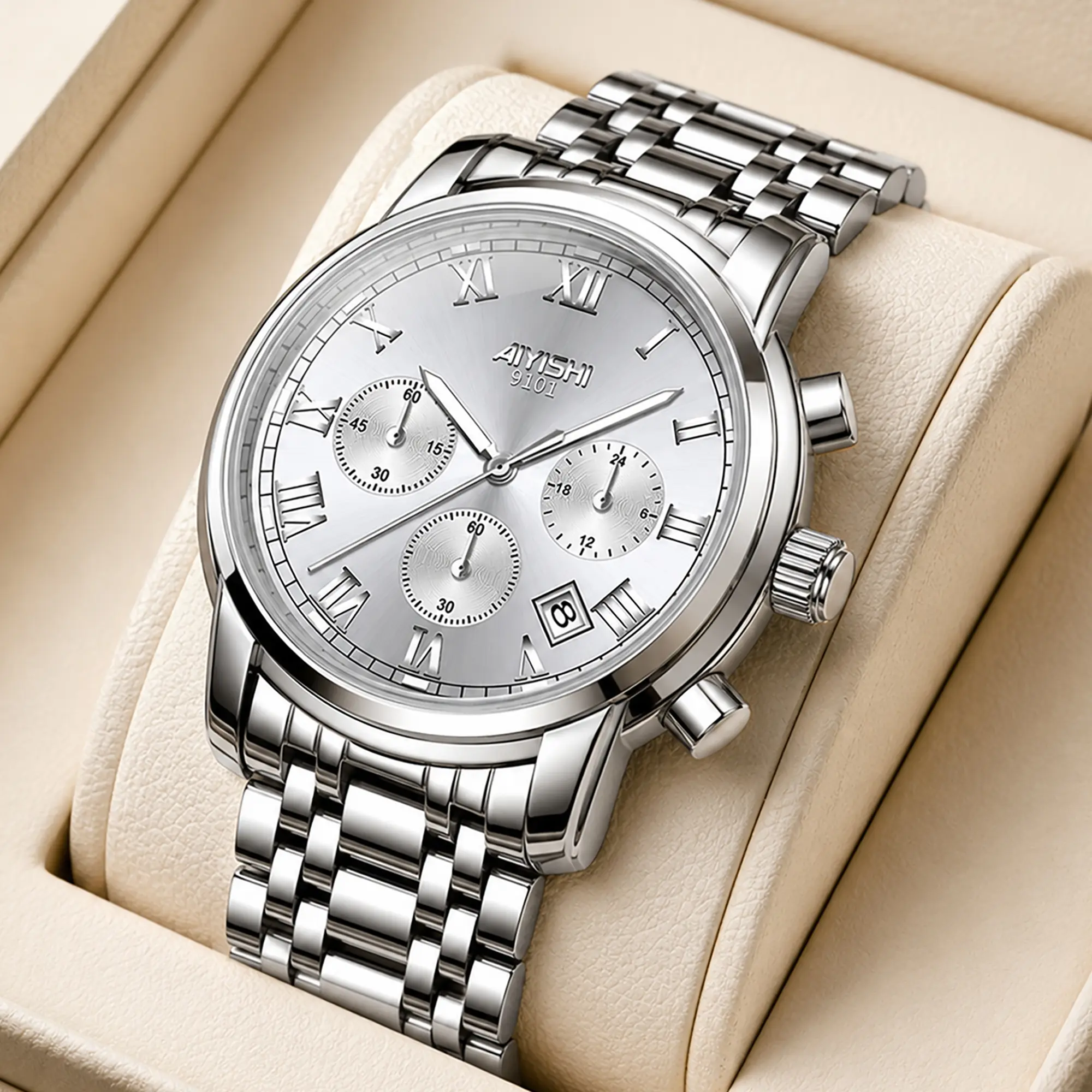 AIYISHI men’s quartz watch with a stainless steel strap, multifunction chronograph, calendar function, 3 ATM water resistance—a perfect gift choice.