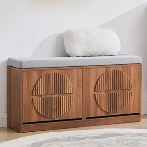 Giratree Slim Shoe Storage Bench for Entryway, Wooden Shoe Cabinet with Flip-Down Drawers and Adjustable Shelving, Cushioned Shoe Bench with Textured Panel for Hallway or Living Room