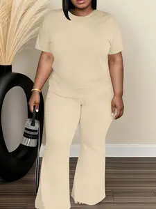 Women's Fashionable Big Size Casual Matching Round Neck Short Sleeve Top & Loose Fit Straight Pants Set, Outfit, Spring & Fall Comfortable Plain Design