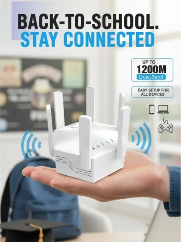 summerwins AC1200 Dual Band WiFi Range Extender - 6-Antenna WiFi Repeater, 12000 sq ft Coverage, Supports 100 Devices, with Ethernet Port for Home, Office Use