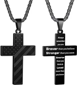 American Flag Cross Necklace for Men Stainless Steel Box Chain 22+2 inch Inspirational Bible Verse Cross Pendant Patriotic Jewelry Personalized Christian Teen Boy Gift
