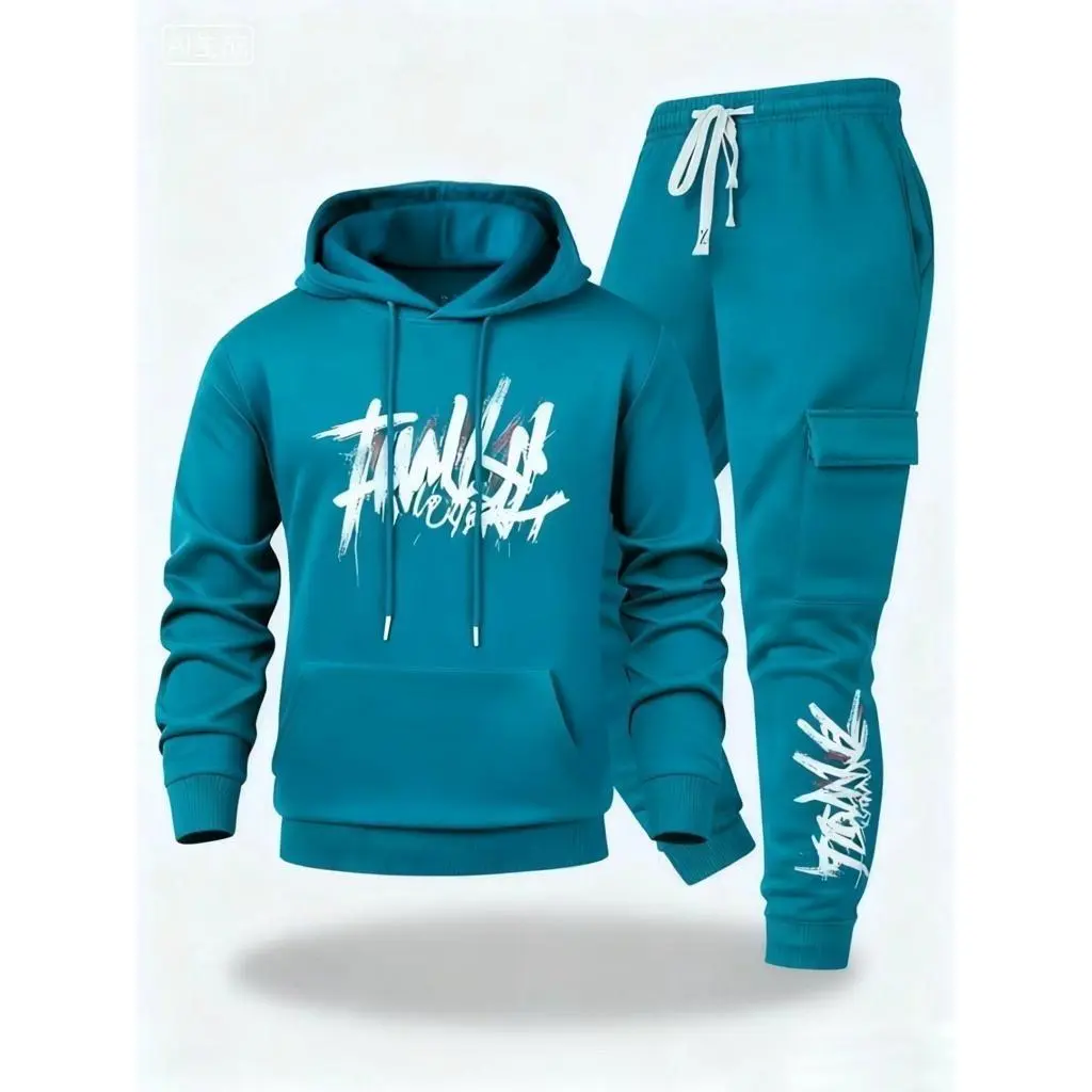 Outdoor Men's New Style Hooded Jacket with Printed Fleece Long-Sleeved Shirt & Cargo Pants Two-Piece Set Elastic Waistband Stylish Letter Design Comfortable Fabric Easy Care