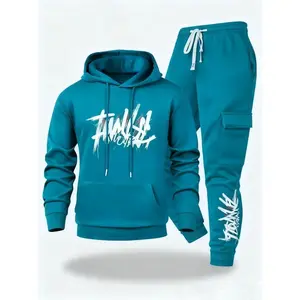 Outdoor Men's New Style Hooded Jacket with Printed Fleece Long-Sleeved Shirt & Cargo Pants Two-Piece Set Elastic Waistband Stylish Letter Design Comfortable Fabric Easy Care