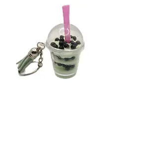 Cute Plastic Light Mint Green Drink Keychain - Creative Shake Design with Blueberries, Pink Straw, and Tassel Charm Accessory for Fashion & Costume Jewelry Enthusiasts