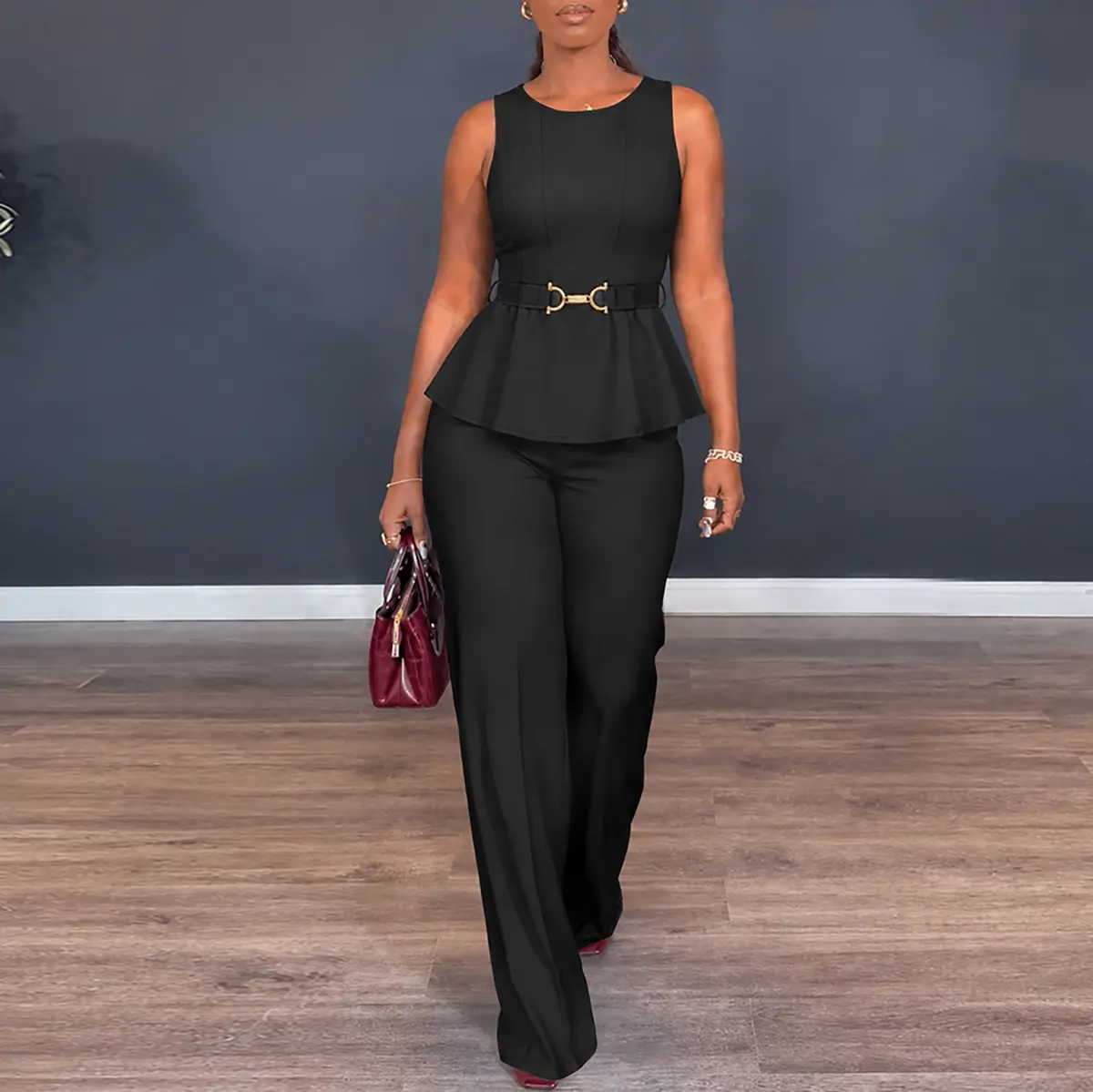 CHICME Women's 2 Piece Outfits Sleeveless Peplum Top and Wide Leg Pants Set Elegant Gold Belt Business Work Suits