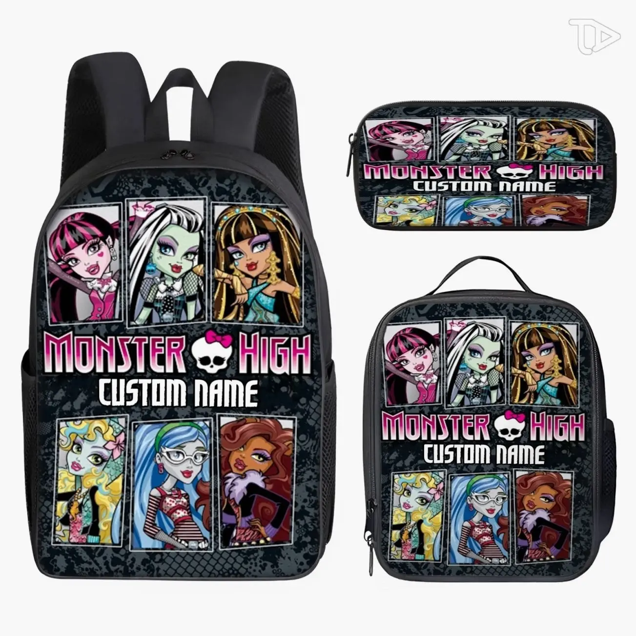 Personalized Cute Goth Monster Doll Schoolbag Set | 3Pcs Bookbag Insulated Lunch Tote Pencil Pouch | Custom Name Student Gift