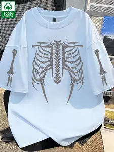 Men's 100% Cotton T-Shirt, Breathable Summer Wear, Skeleton Ribcage & Arm Bone Print, Oversized Streetwear Casual Top #MensFashion #CottonTee #SummerTshirt #SkeletonStyle #GothicArt #OversizedTee #Streetwear