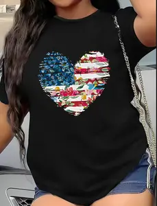 Classic Plus Size Patriotic Love Tee - Heart Flag Graphic Black T-Shirt for Women - Soft & Flattering Fit Top Piece Summer Comfortable Breathable Jeans Curvy Casual Comfort Womenswear Day Essential Lightweight Style Twist Streetwear Tshirt Blazer