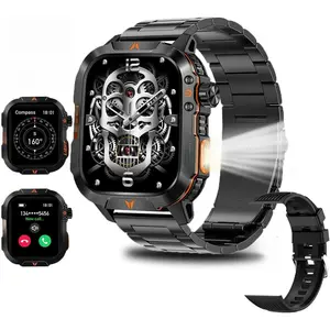 Military Smart Watch for Men (Stainless steel), 2.01" HD Bluetooth Call Rugged Watch with Compass Barometer LED Flashlight, 100+ Sports Modes IP68 Waterproof Business Tactical Watch Android iOS