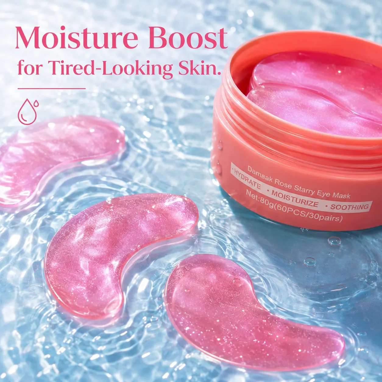 Moisture Boost Eye Mask with Rose Essence for Dry Eyes - Hydrating & Elasticating Formula - 60 Pieces