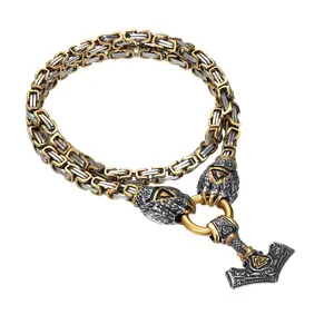 Viking Hammer Necklace for Men, Norse Thor Hammer Pendant with Wolf Bear Claw Runes, Stainless Steel Byzantine Chain, Retro Nordic Jewelry Gift for Dad Son Boyfriend