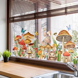 A (30*90cm) creative hand-painted small animal, mushroom, flower, butterfly spring single-layer static sticker window sticker decorative background window sticker (DJ4131-ZC)