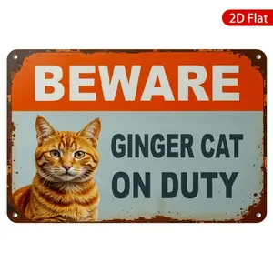 "BEWARE GINGER CAT ON DUTY" Humorous Metal Tin Sign Wall Art - Rustic Iron Home Decor, No Electricity Needed, Playful Cat-Themed Wall Decoration for Living Room, Office & Cat-Friendly Spaces, Cat Decor, Contemporary Design, Bold Typography