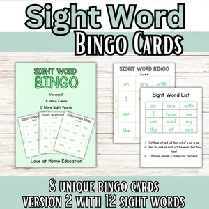 Sight Word Bingo- Version 2- 8 cards of sight words, 12 sight words. Preschool, toddlers, kindergarten