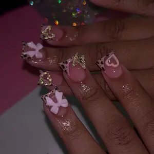 24pcs Duckbill Sweet Punk Style Nail Tips, Nude Leopard French Edge False Nails, 3D Bow, Heart & Butterfly Decor, Party Ready