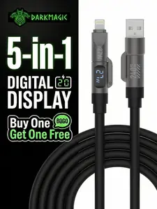 Buy one get one free Dark magic 5-in-1 Multi Digital Display 240W Fast Charging super Liquid Silicone Cable with USB A Type C Lightning for iPhone17/Samsung /Android/Laptops Charger