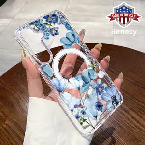 Fashionable Blue Flower Pattern Magnetic Phone Case Compatible with Galaxy  S23 Ultra S24 Plus FE S25 S22+ Non-Yellowing Clear Crystal Drop-proof Slim Silicone Shockproof Transparent Acrylic Large Hole Cover Supports Wireless Charging