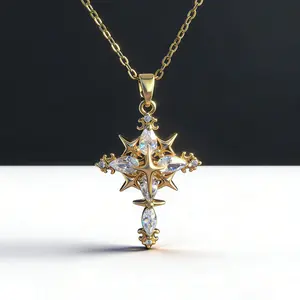 Titanium steel necklace, light luxury cross design, high-end exquisite DDXL0065 niche necklace with star-shaped zirconia pendant, 14K gold-plated