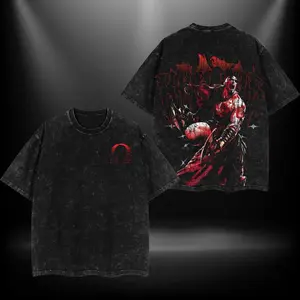 Kratos God of War Retro Vintage Heavyweight Cotton Graphic T Shirt Classic Oversized Loose Fit Seamless Casual Streetwear Top Fashion Daily Outdoor Party Apparel Ideal Gift for Game Movie Fans Trendy Mens Everyday Wear