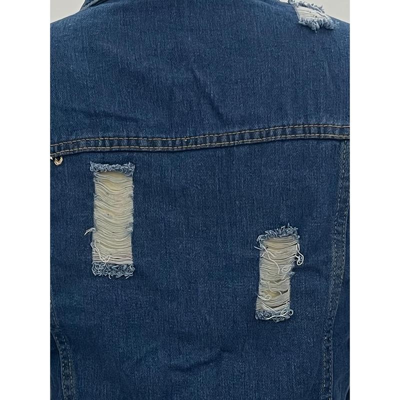 Women's Distressed Denim Jacket - Casual Black Cropped Jean Coat with Raw Hem & Puff Sleeves, Button- Style for Spring/Fall