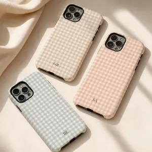 Stylish Boho Gingham Personalized Monogram Shockproof Smartphone Case, Custom Initials Casing Accessory for iPhone 17,16,15,14,13,12,11,SE & Compatible Devices, Protective Stylish Phone Accessories for men Girls