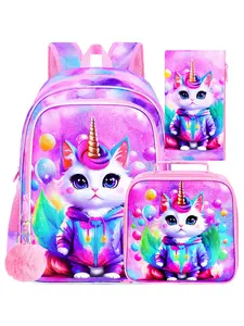 3PCS Girls Bookbag, 16" Kids Bear Backpack with Lunch Box, School Bag for Elementary Preschool Toddler, Cute Backpack